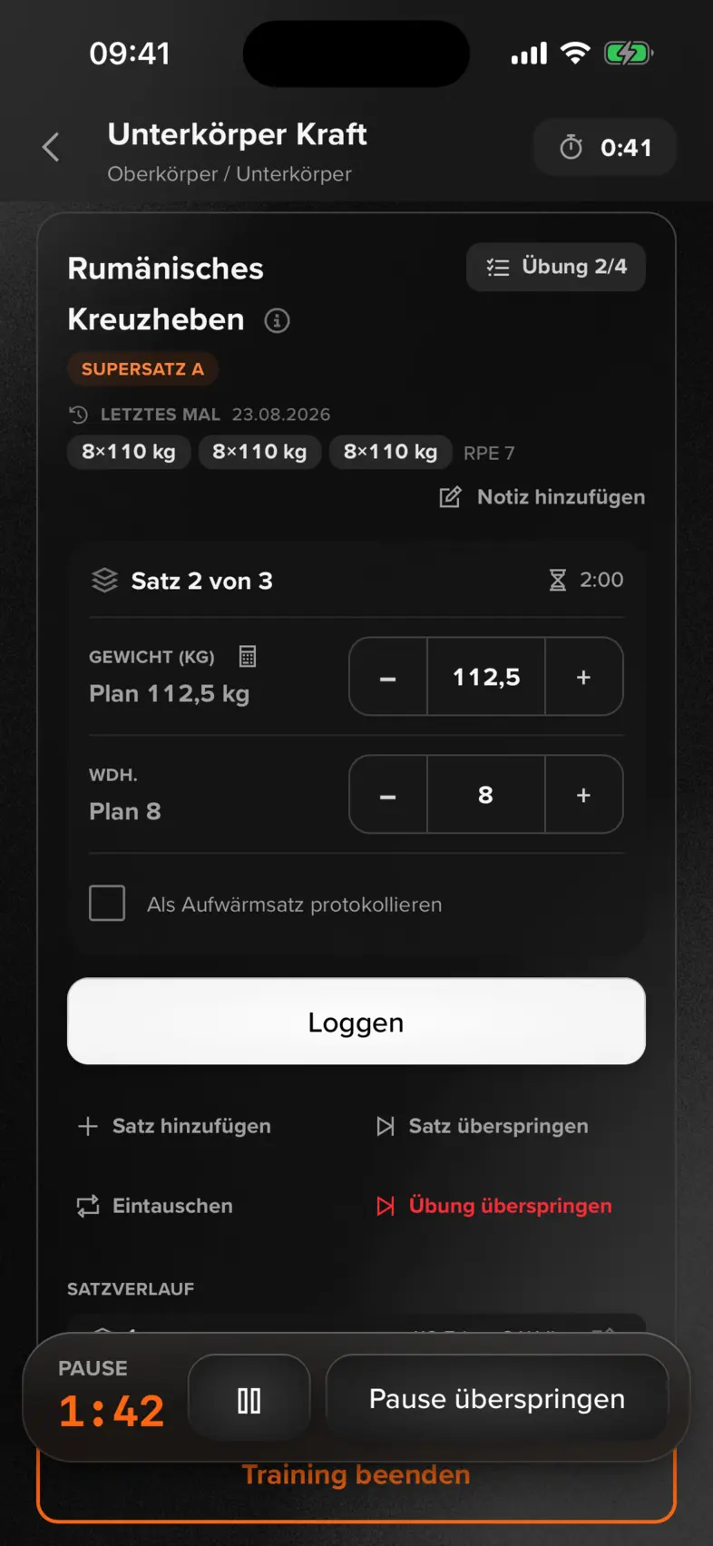 lyftd iOS-App: Facepulls laufen während des Workouts als Supersatz A