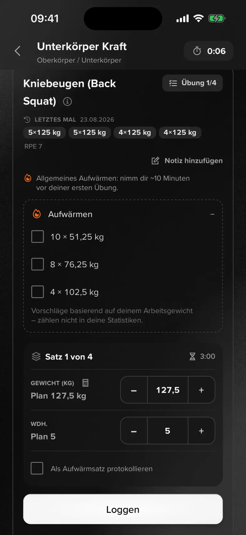 lyftd iOS-App: Kreuzheben mit Aufwärmrampe, den Zahlen der letzten Einheit und dem Scheibenrechner
