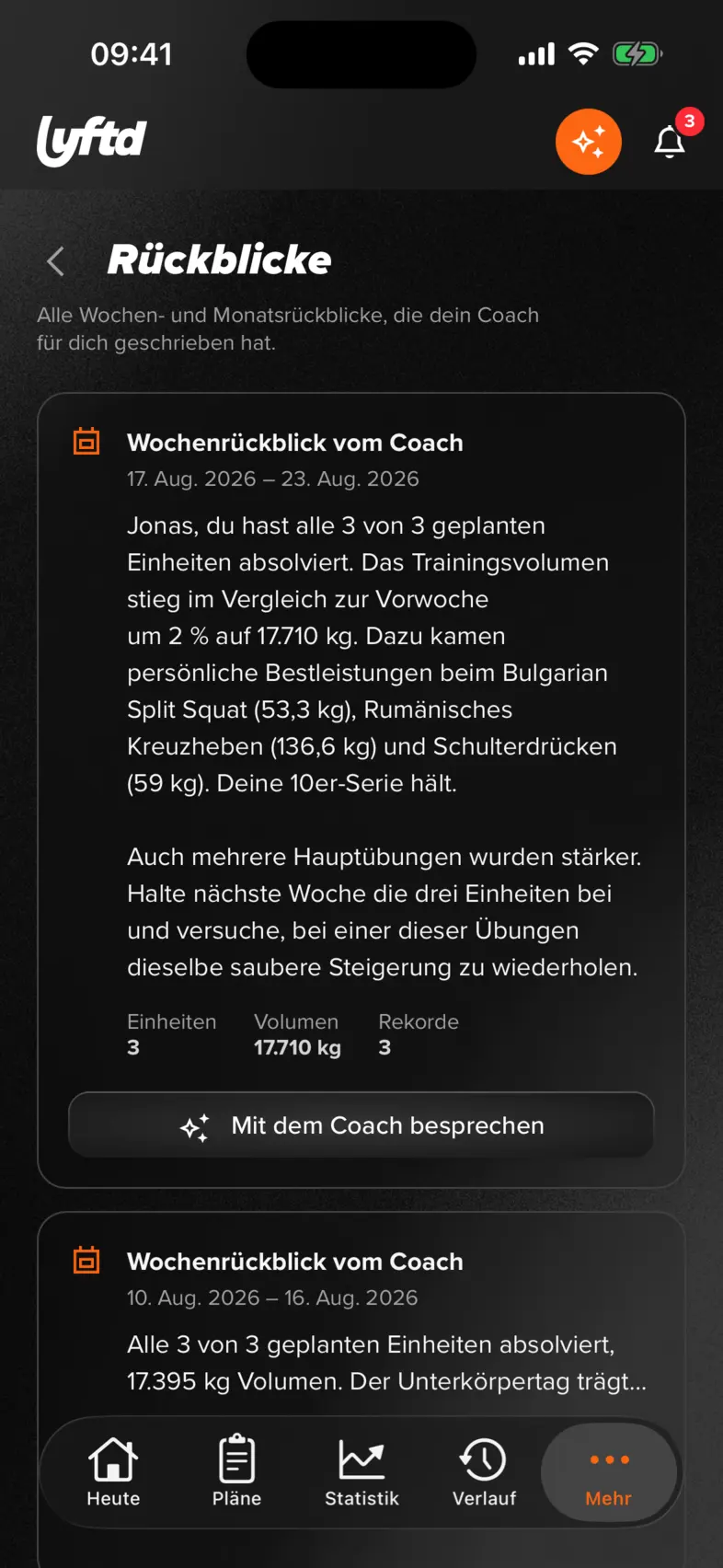 lyftd iOS-App: der Wochenrückblick vom Coach