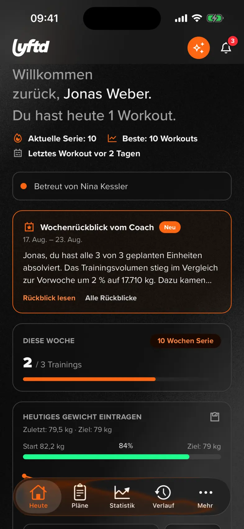 lyftd iOS-App: der Heute-Bildschirm mit dem Workout des Tages