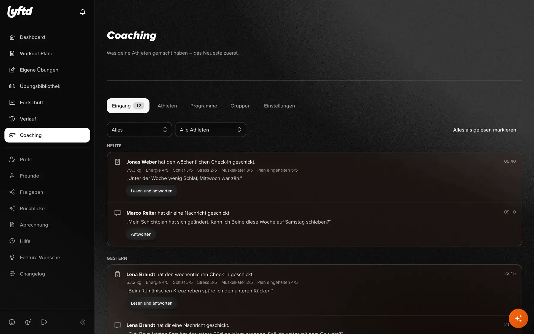 lyftd Trainer-Bereich: der Eingang mit Check-ins und Nachrichten der Athleten