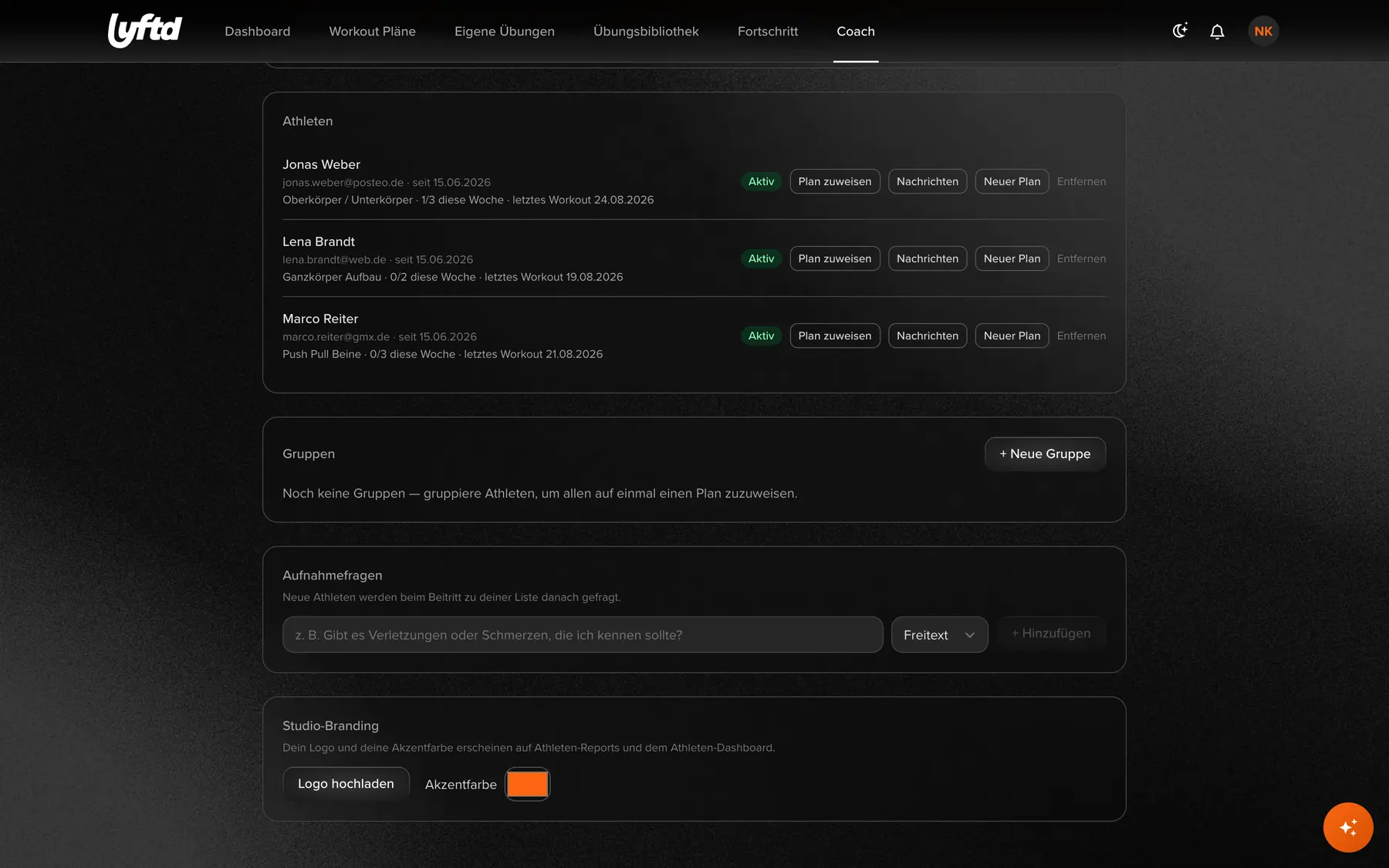 lyftd Trainer-Bereich: die Athletenliste