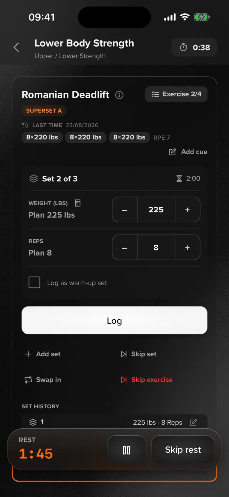 lyftd iOS app: face pulls running as superset A during a workout