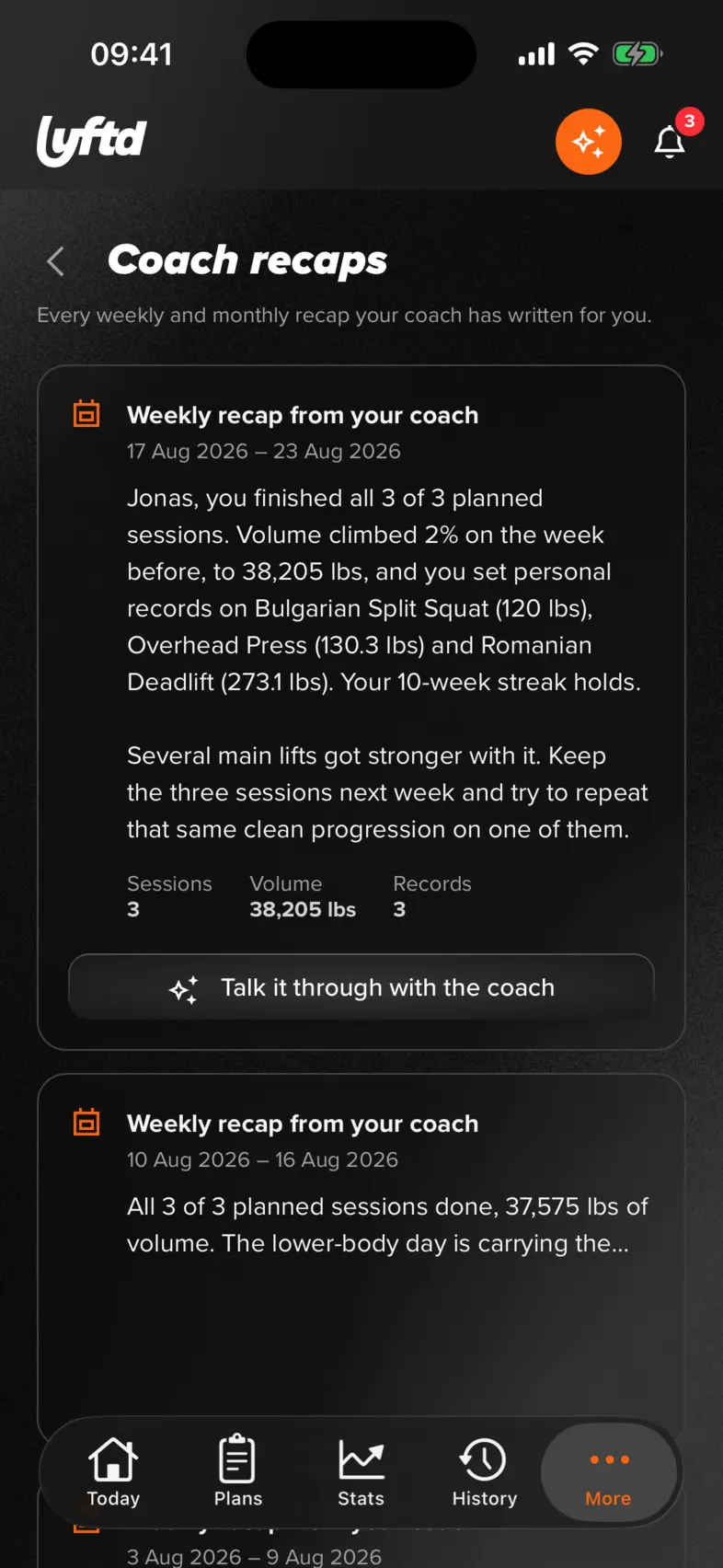 lyftd iOS app: the weekly recap written by the coach