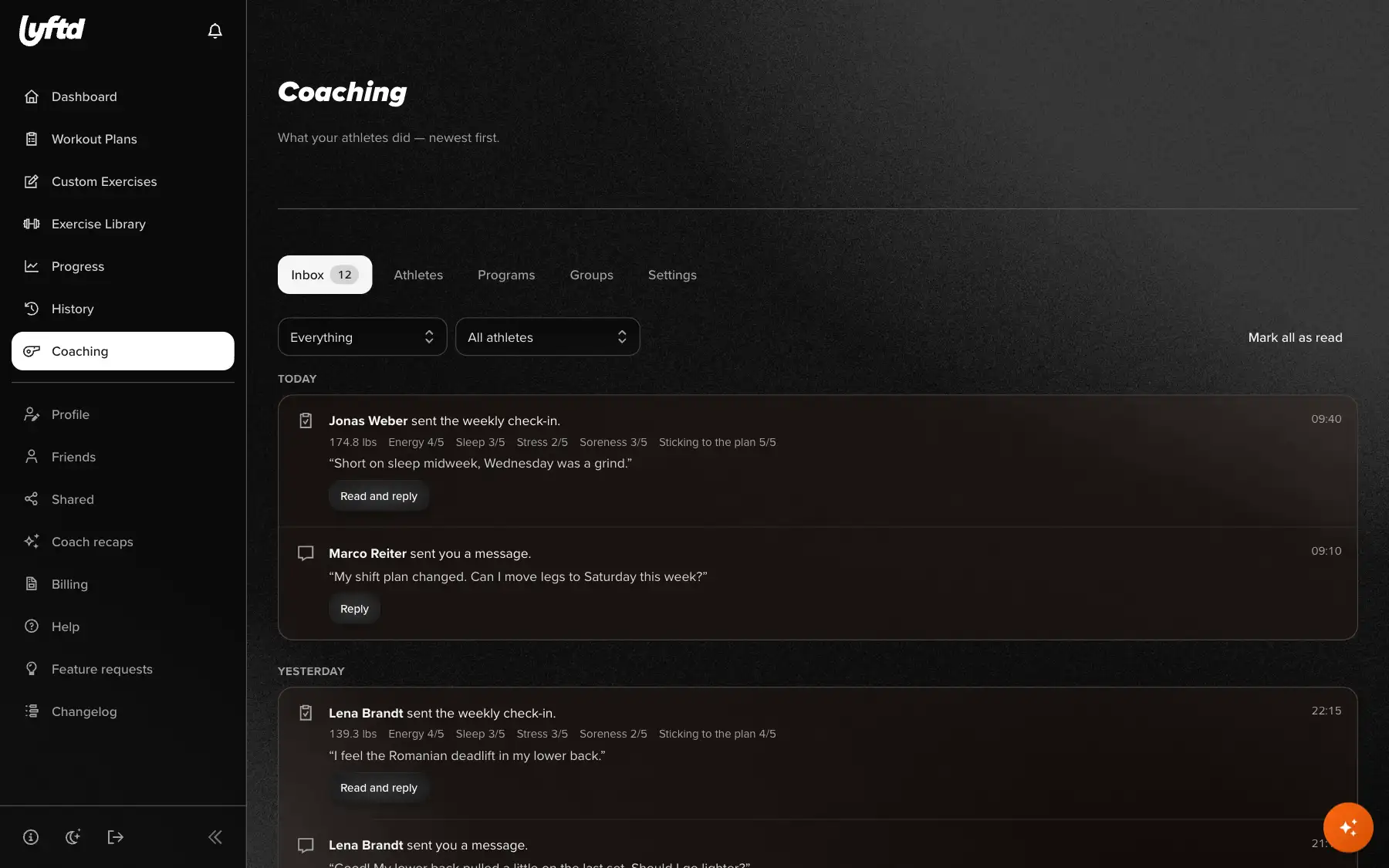 lyftd trainer workspace: the inbox with athletes' check-ins and messages